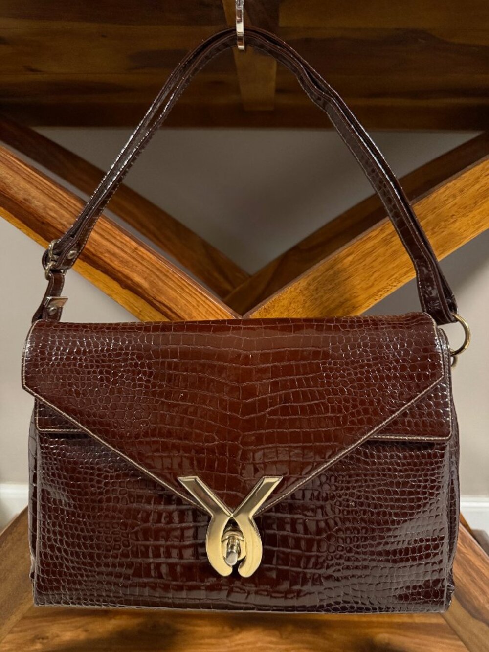Vintage Chocolate Brown Croc Embossed Structured Shoulder Bag, by Chic de Paris